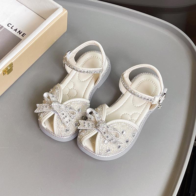 Girls Rhinestone Bow Decor Ankle Strap Low Heel Princess Summer Sandals 24 бежевый