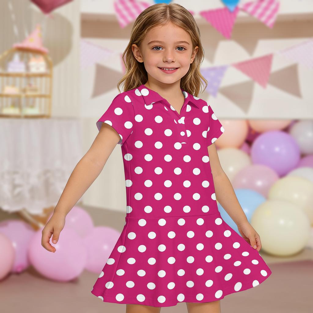 Girls Short Sleeve Polo Dress with Polka Dot Print and Pockets Casual Lightweight Summer Dress for Kids