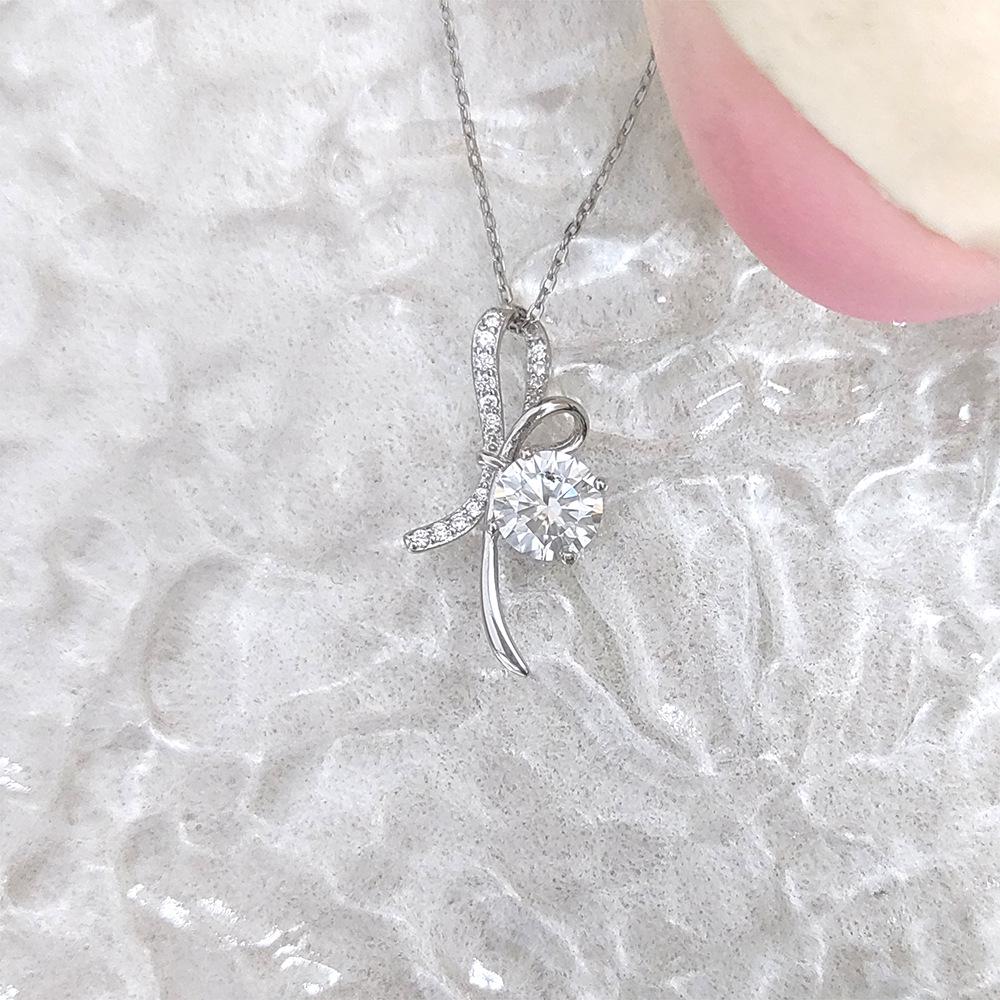 S925 Sterling Silver Bow Pendant with PT950 Plated 1 Carat D Color Moissanite Necklace for Women - Light Luxury.
