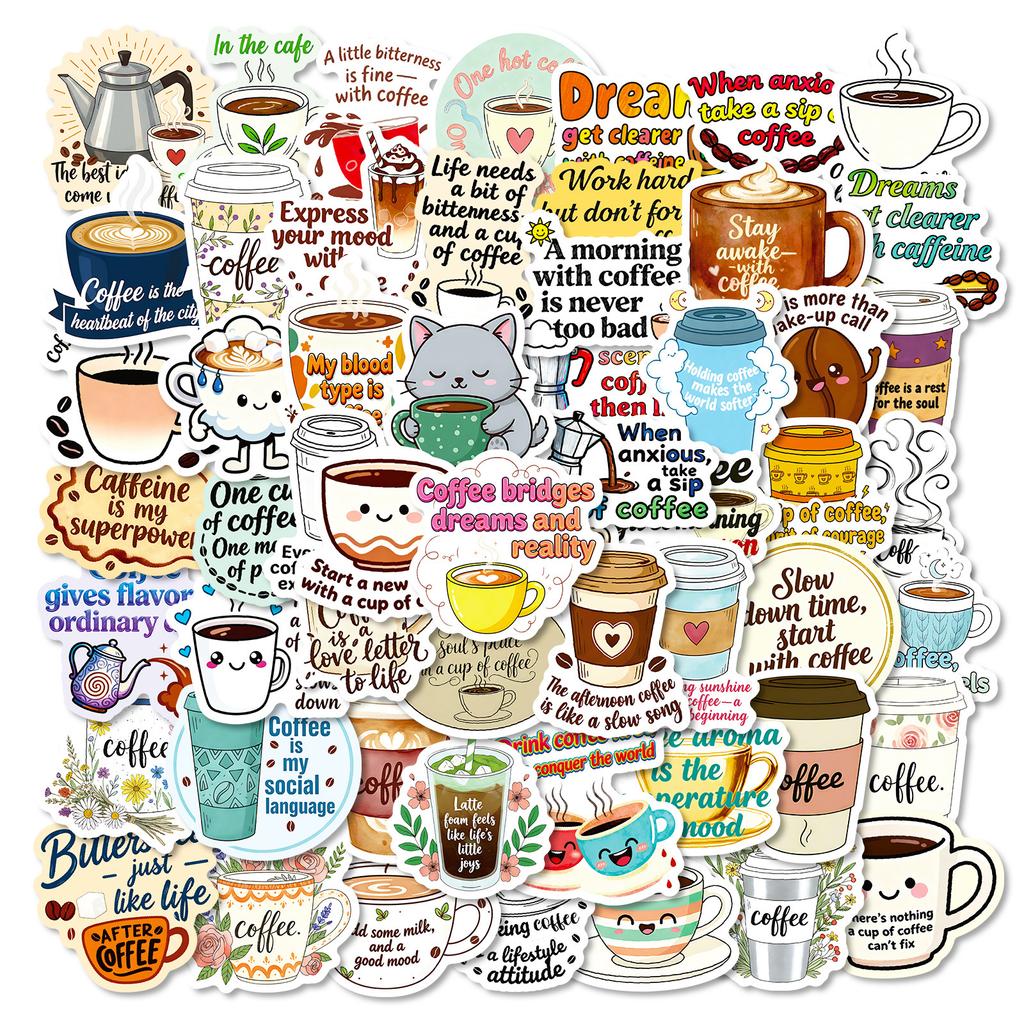 56 Kaffee Text Graffiti Aufkleber Kaffeeliebhaber Notizbuch Wasserbecher Handkonto Dekorationsaufkleber