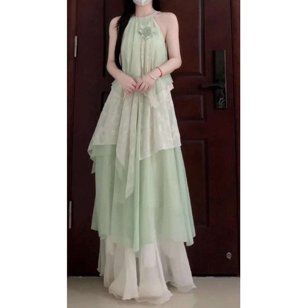 

Платье мятно-зеленого цвета с неровным вырезом без рукавов, летнее повседневное женское платье нового темперамента XL- (recommended 110-60kg)