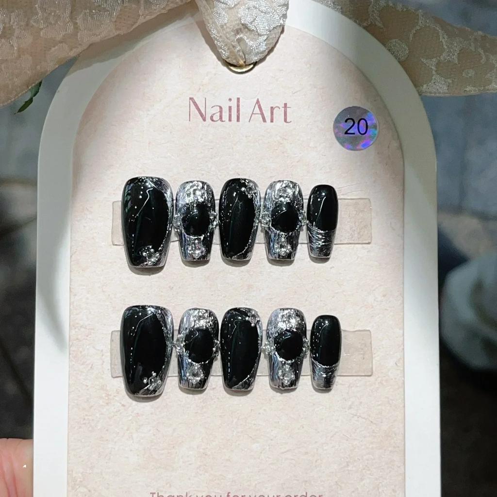 10 Pcs Handmade Long Ballerina Press On Nails Pink And Black Full Cover Fake Nails Stick On Manicure Tips