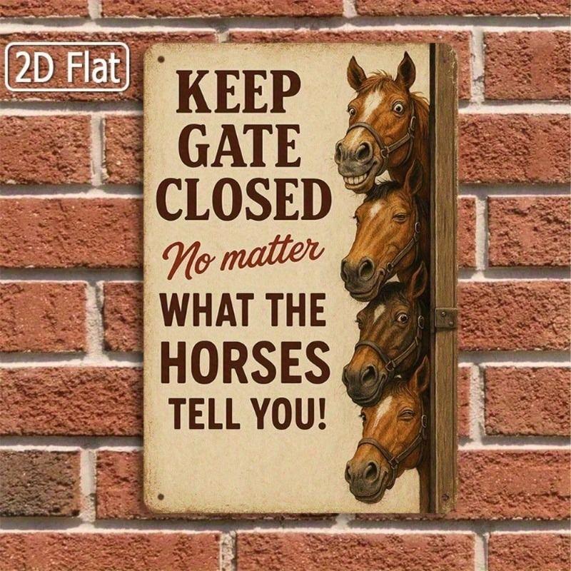 Vintage Farmhouse Horse Sign Metal Wall Decor, Keep Gate Closed Poster for Living Room