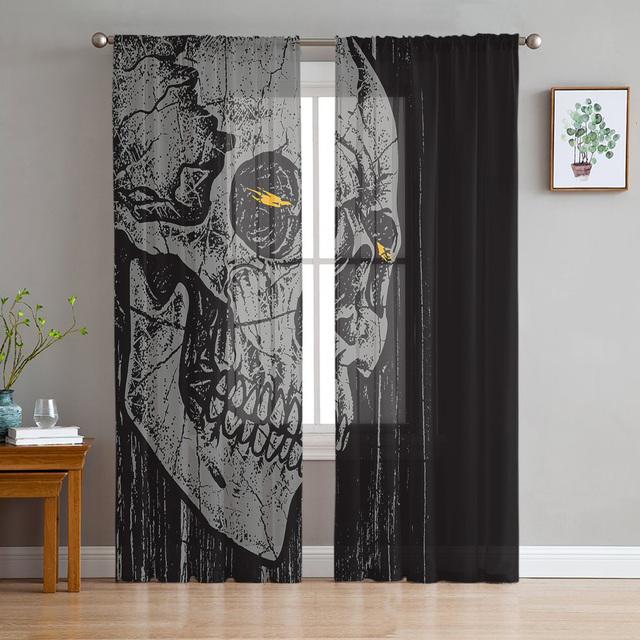 Halloween Lebka Hlava Horor Tylové Závěsy Do obývacího pokoje Ložnice Dekorace Průhledný šifon Průsvitný voál Okenní závěs