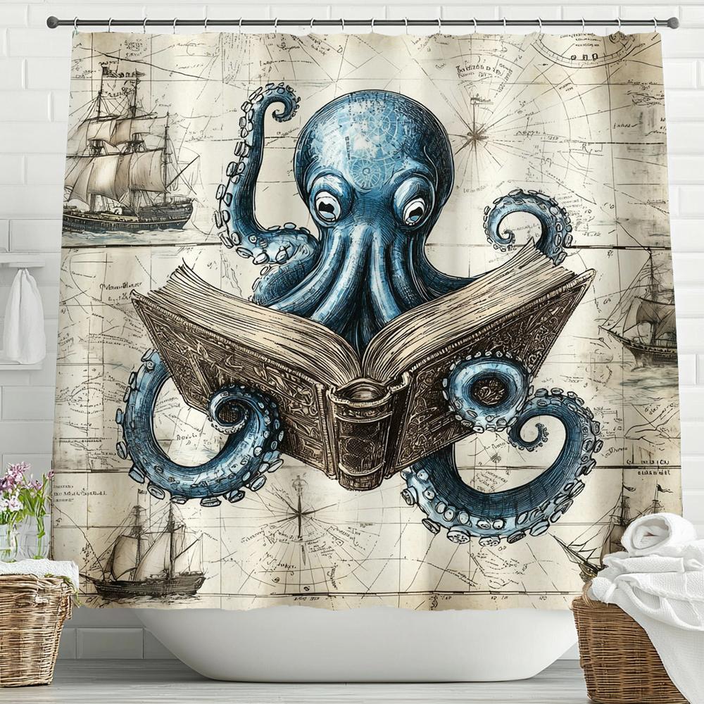 

Fun And Nautical Octopus Reading Books Shower Curtain, Bathroom Decorative Shower Curtain, Waterproof Shower Curtain With Hooks W60H190(CM)-1 Pcs