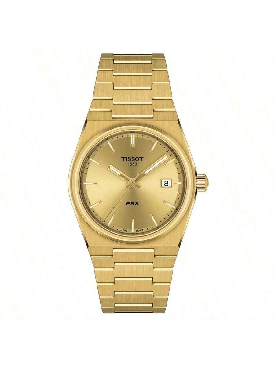 

PRX Unisex stylish stainless steel quartz watch, 35mm gold round dial with date display, suitable daily business, dating, T137.210.33.021.00 золотистий