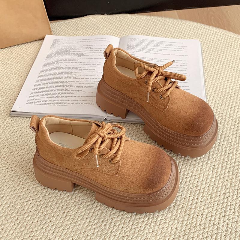 Frosted Leather Muffin Small Leather Shoes Women's Spring Women's Models, Small People Gain Height and Big Head