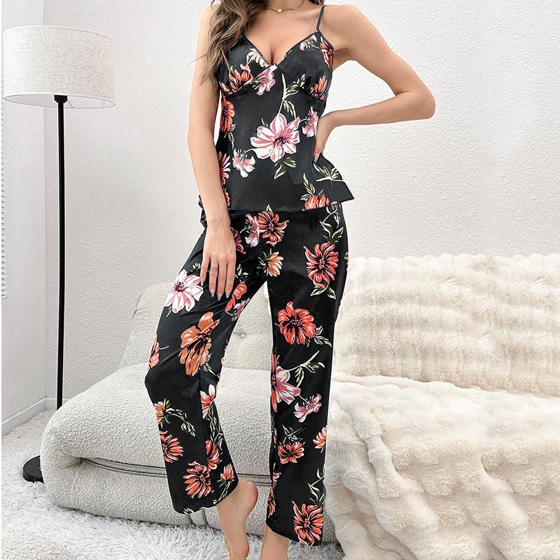 Sexy, atmungsaktives Pyjama-Set für Damen mit Streifen-/Blumendruck, Oberteil mit Sling und V-Ausschnitt, hohe Taille, gerade Hose, schmales Nachtwäsche-Set, weiches, bequemes Heimkleid-Set