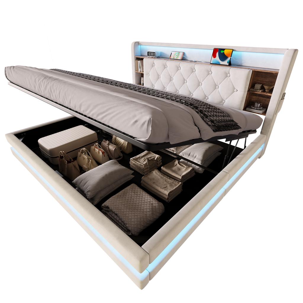Letto imbottito con contenitore 180 × 200 cm, Letto in velluto con testiera multifunzionale, Illuminazione a LED, 2 Porte USB e Type-C, Idraulico, Beige