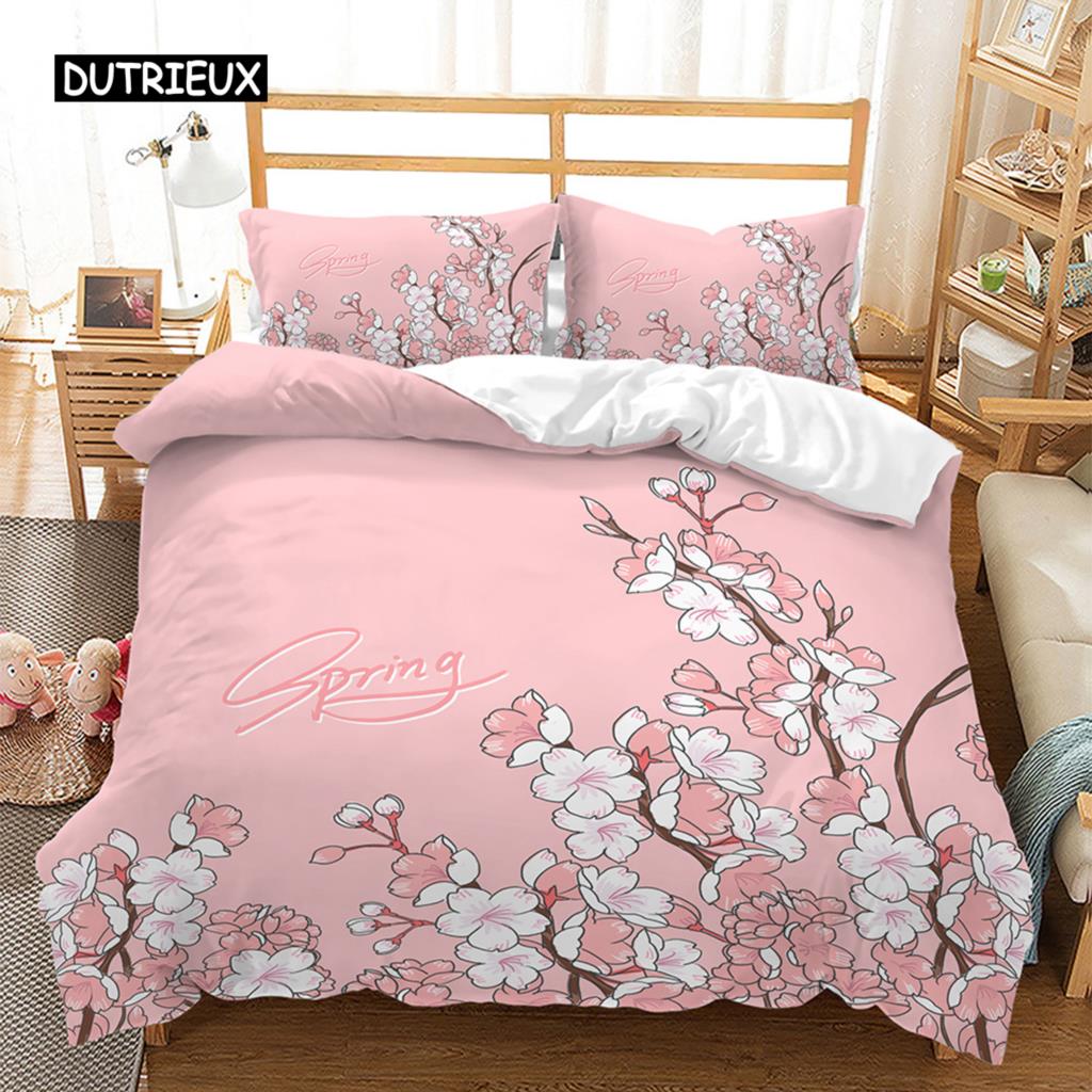 Kirschblüten Tagesdecke Abdeckung Japanischer Kirschbaum Rosa Floral Frühling Vintage Kulturelle Naturlandschaft Schlaf Bettwäsche Paket Damen Mädchen