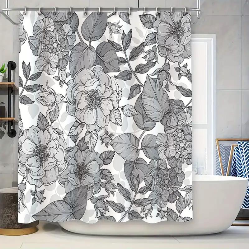 

Black White Floral Shower Curtain Decorative Bathroom Waterproof Washcloth W60H190(CM)-1 Pcs