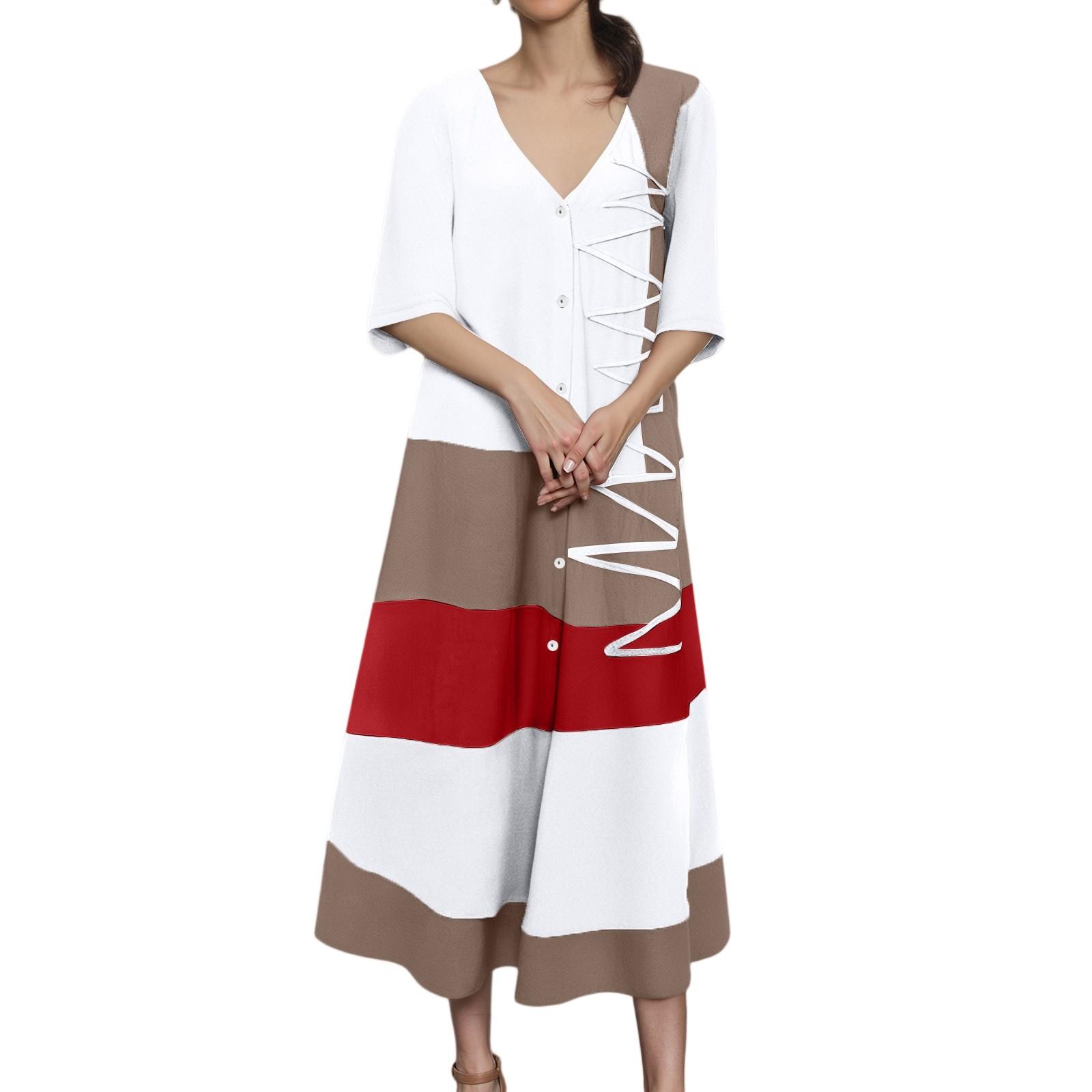 

Женское модное платье с V-образным вырезом, короткими рукавами, пуговицами, повседневное, с принтом, длинное XXL белый