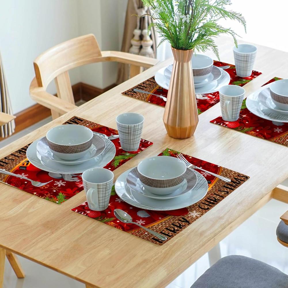 Of 4/6 Snowflake-Themed Christmas Table Mats Featuring a Red Santa Claus Design, Perfect for Decorating Your Dining Table During Festive Gatherings