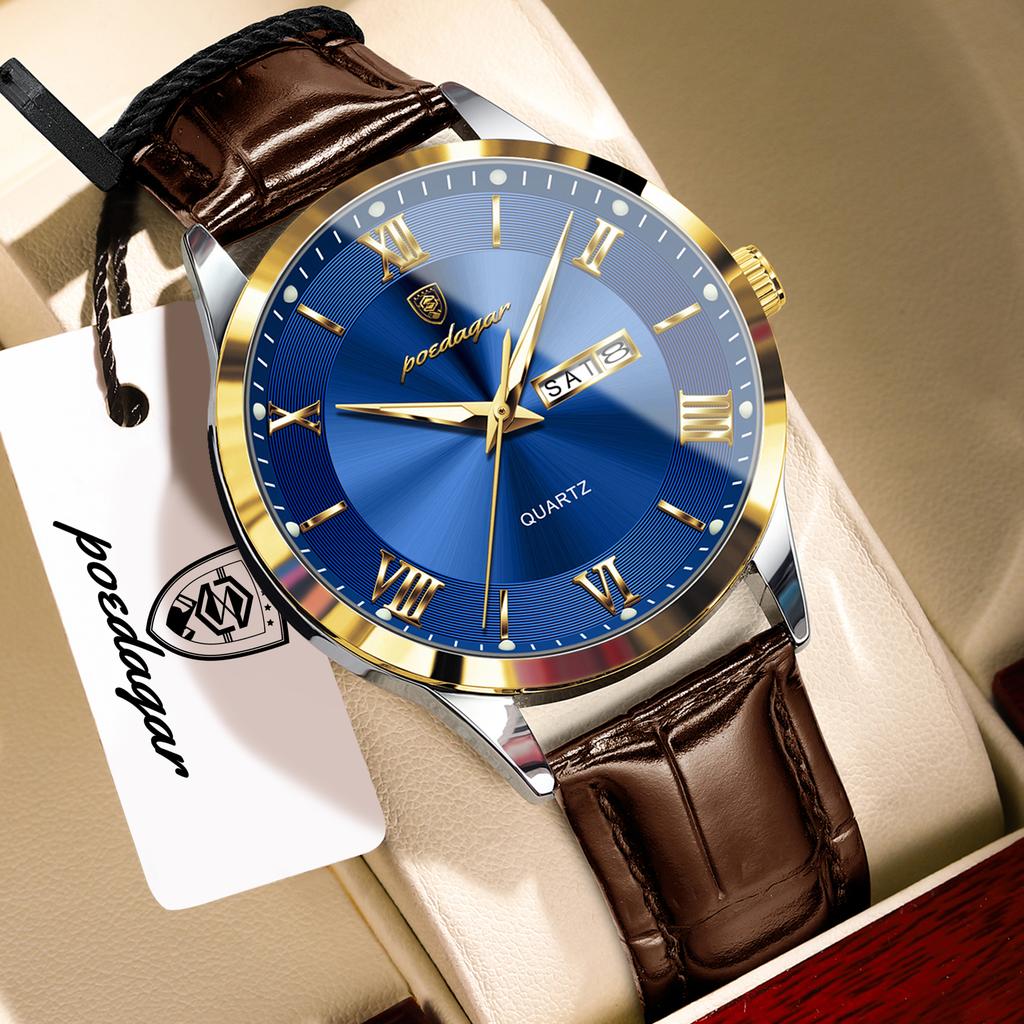 POEDAGAR Luxury Fashion Watch for Man Leather Date Week Casual Quartz Clock Waterproof Luminous Business Watches Reloj