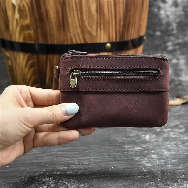 New Men Genuine Leather Zipper Coin Wallet Natural Leather Short Purse Card Holder Cash Clutch Wallet With Key Ring