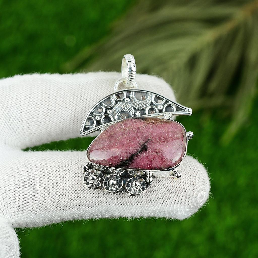 Heart Chakra Natural Rhodonite Trendy Elegant Pendant Jewelry Sterling Silver