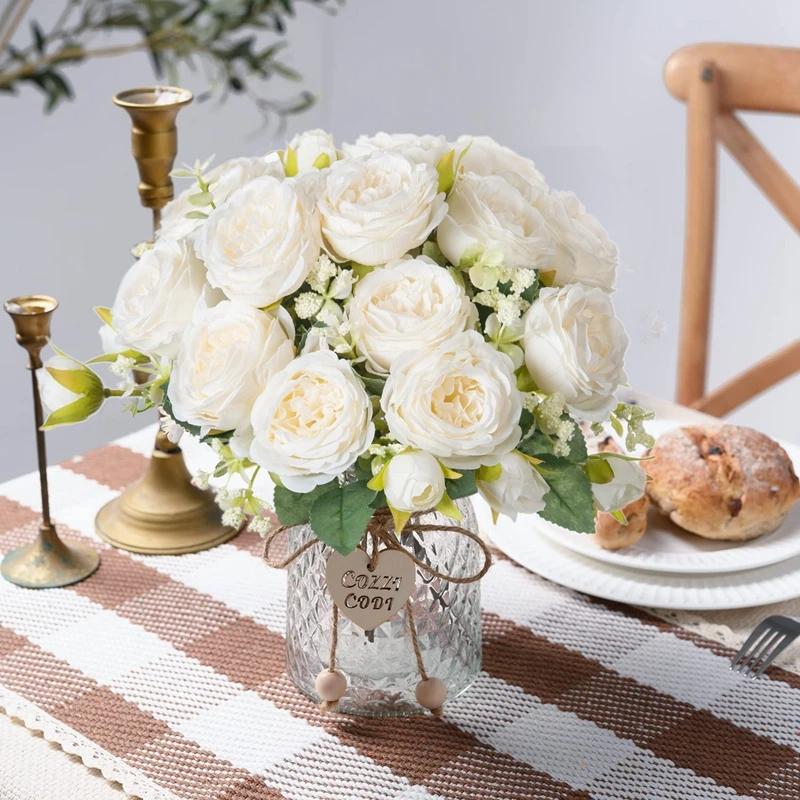 Konstgjorda Blommor Falska Silkesvita Pioner Använda för Hem Rum Vas Dekoration Julkrans Bröllopsbukett Festtillbehör