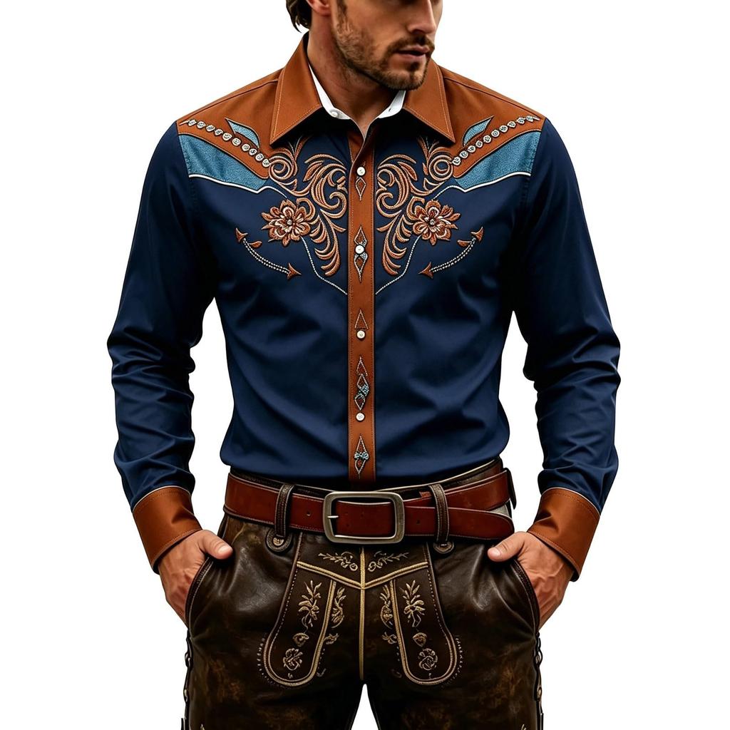 Camisa Occidental para Hombre Retro Estampado 3D Bordada Manga Larga Ajuste Top de Fiesta