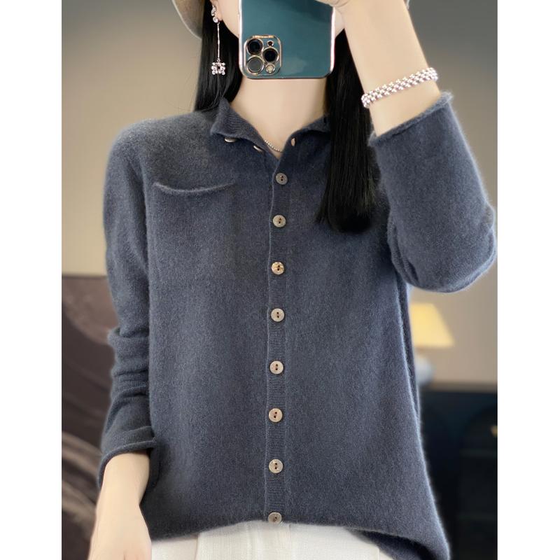 Women's Cashmere Crew Neck Cardigan Qinghe 95%Wool,  Winter Knitted Pullover Autumn Sweater Cashmere Sweater