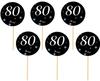 Toppers 80th Birthday Black Background White Lettering 6 pcs