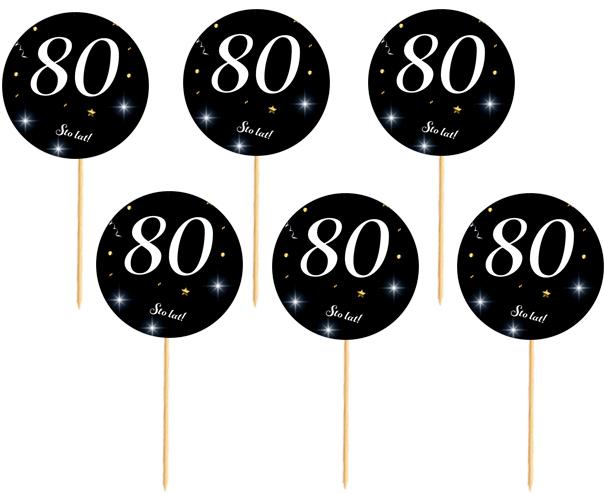 Toppers 80th Birthday Black Background White Lettering 6 pcs