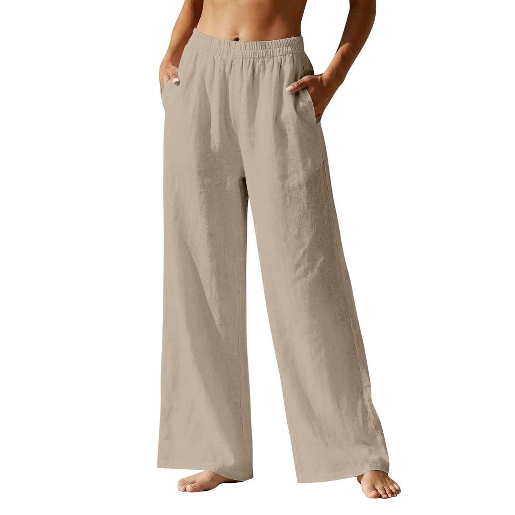 Women’s Wide Leg Linen Pants with Elastic Waistband and Pockets Loose Fit High Waist Casual Trousers for Daily Wear