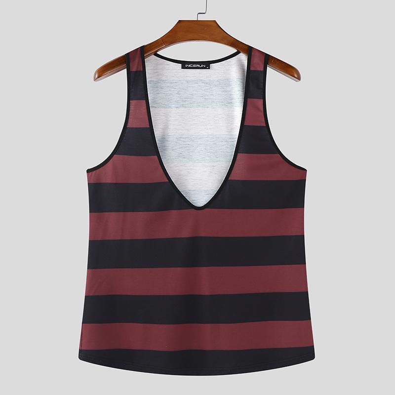 INCERUN Men Low-cut Sleeveless Striped Print Casual Loose Tank Tops