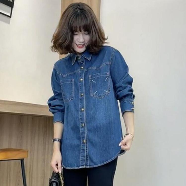 

Vintage Denim Blue Blouse for Women Casual Loose Long Sleeve Button Autumn Outerwear One Size