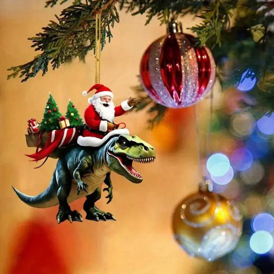 Christmas Pendant Santa Claus On Dinosaur Ornament 2D Flat Acrylic Hanging Decoration for Christmas Tree Mantel Decor