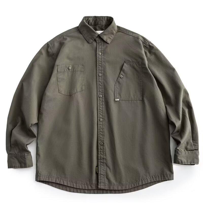 Men's Korean Style Retro Long Sleeve Work Shirt - Trendy, Loose, Versatile, Youth Casual Jacket with Pockets.