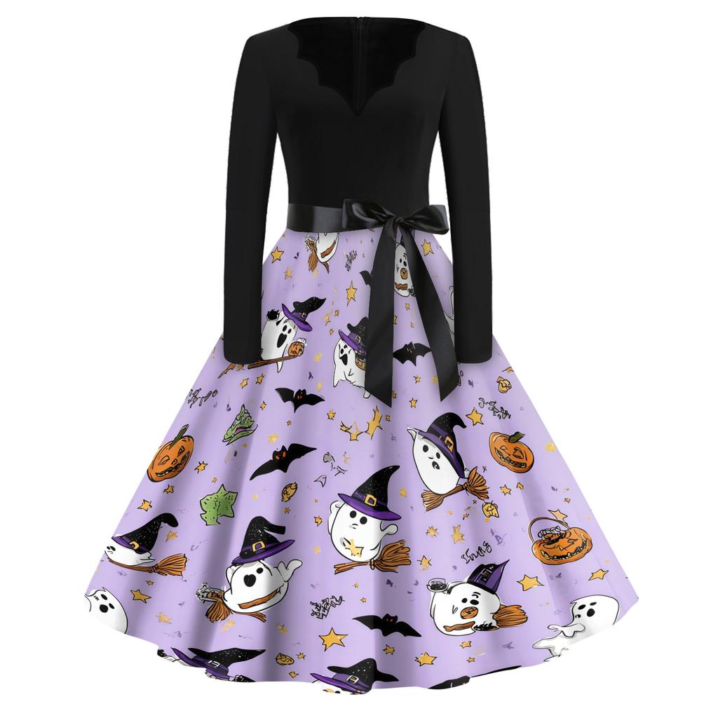 Women's Casual Vintage V Neck Dress with Halloween Print Long Sleeve Fit and Flare Knee Length Dress with Waist Tie Belt