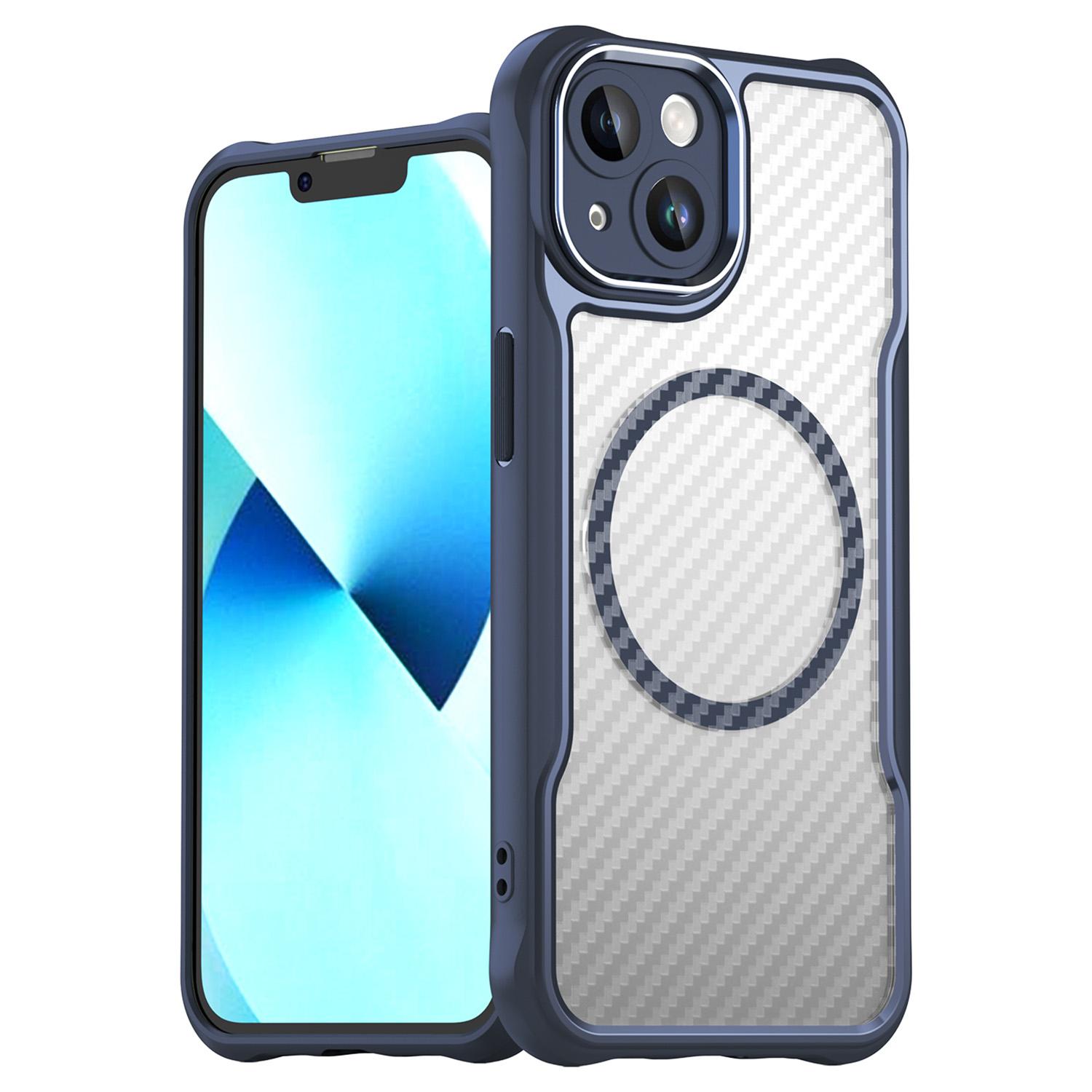 

For iPhone 13 Magnetic Case Carbon Fiber Texture TPU+PC Phone Cover Compatible with MagSafe Blue