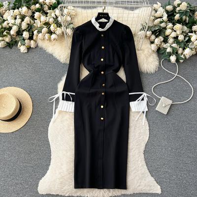 Autumn French Vintage Hepburn Style Black Slim Bodycon Party Dress Elegant Women Long Sleeve Office Work Pencil Dresses