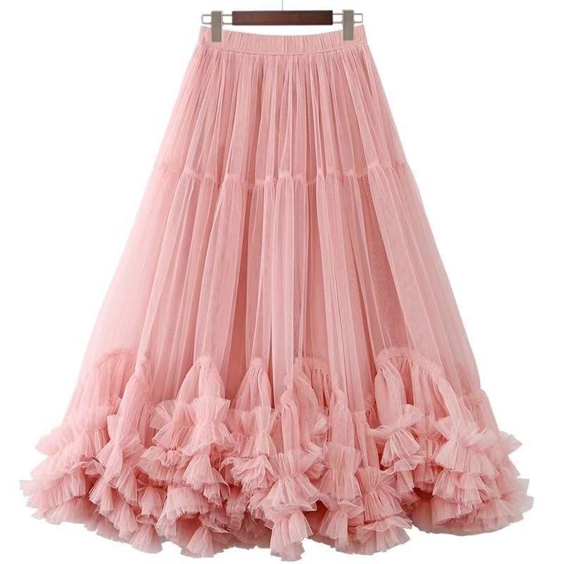 Super pendulum design sense fashion sweet fungus lace a word fluffy mesh skirt women