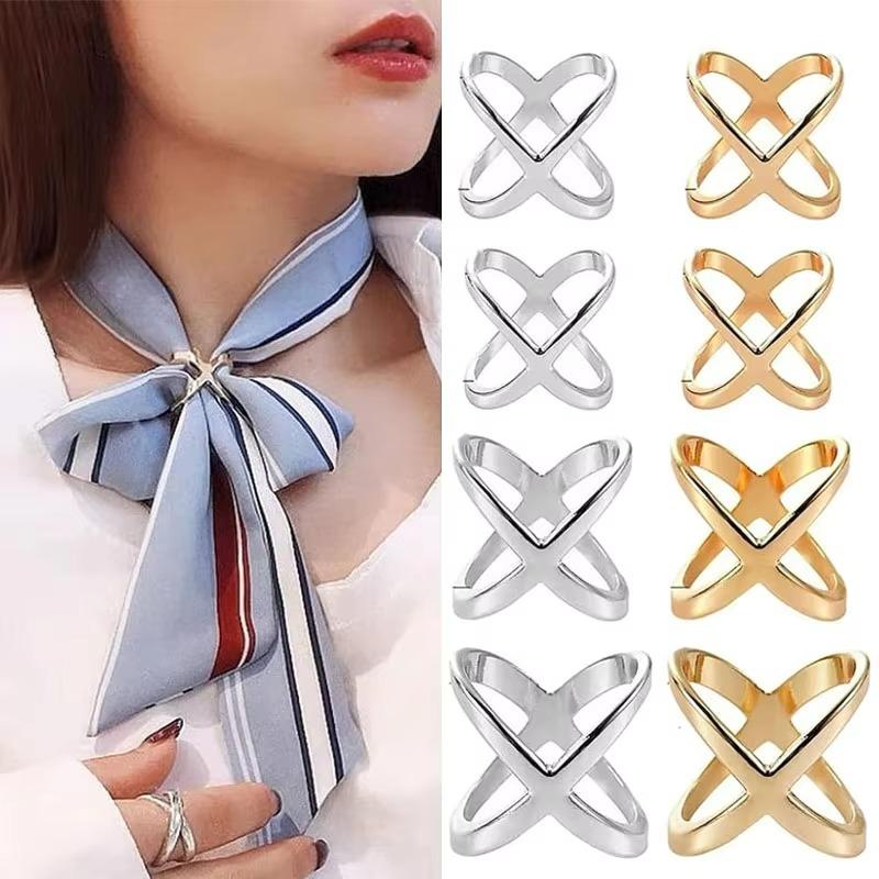 Fashion Cross Scarf Clip X Shape Metal Brooches for Women Hollow Bow Scarves Buckle Holder Shawls Jewelry Clothing Accessories