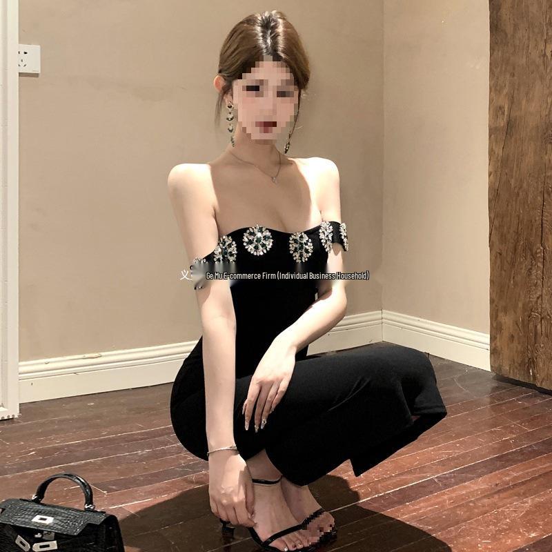 Elegant 2024 Women's Backless Slim-Fit Dress with Diamond Accents