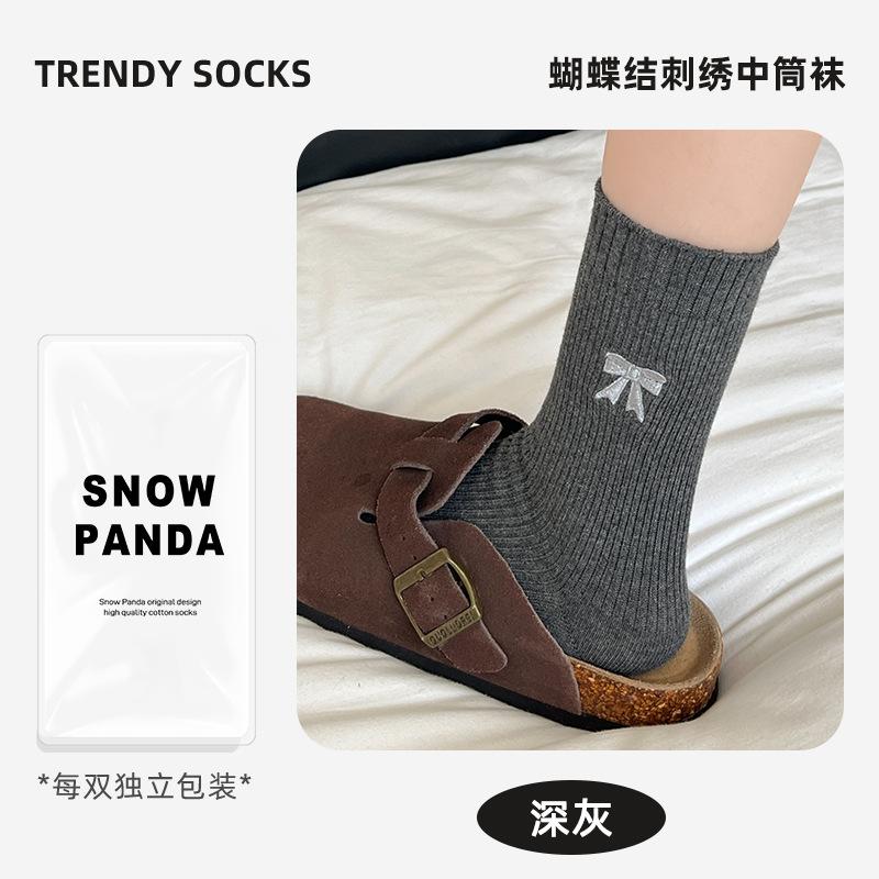 Bow Socks Women'S Autumn Korean Wind Cotton Socks Retro Medium Tube Socks Solid Color Women'S Socks Medium Tube Stacking Socks