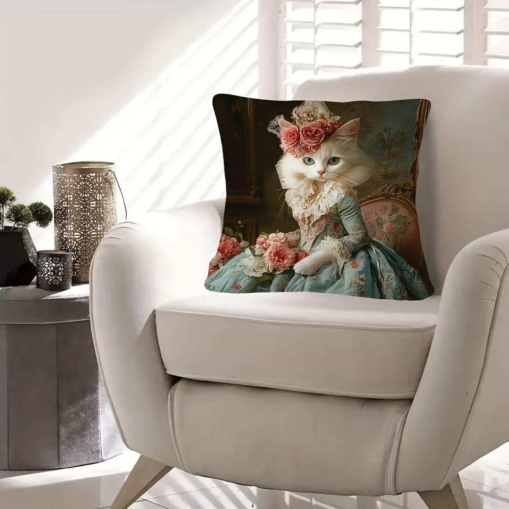 2D Flat- # Victorian Royal Cat Throw Pillow Cover, Elegant Floral Decorative Pillow Case For Sofa Bedroom Living Room