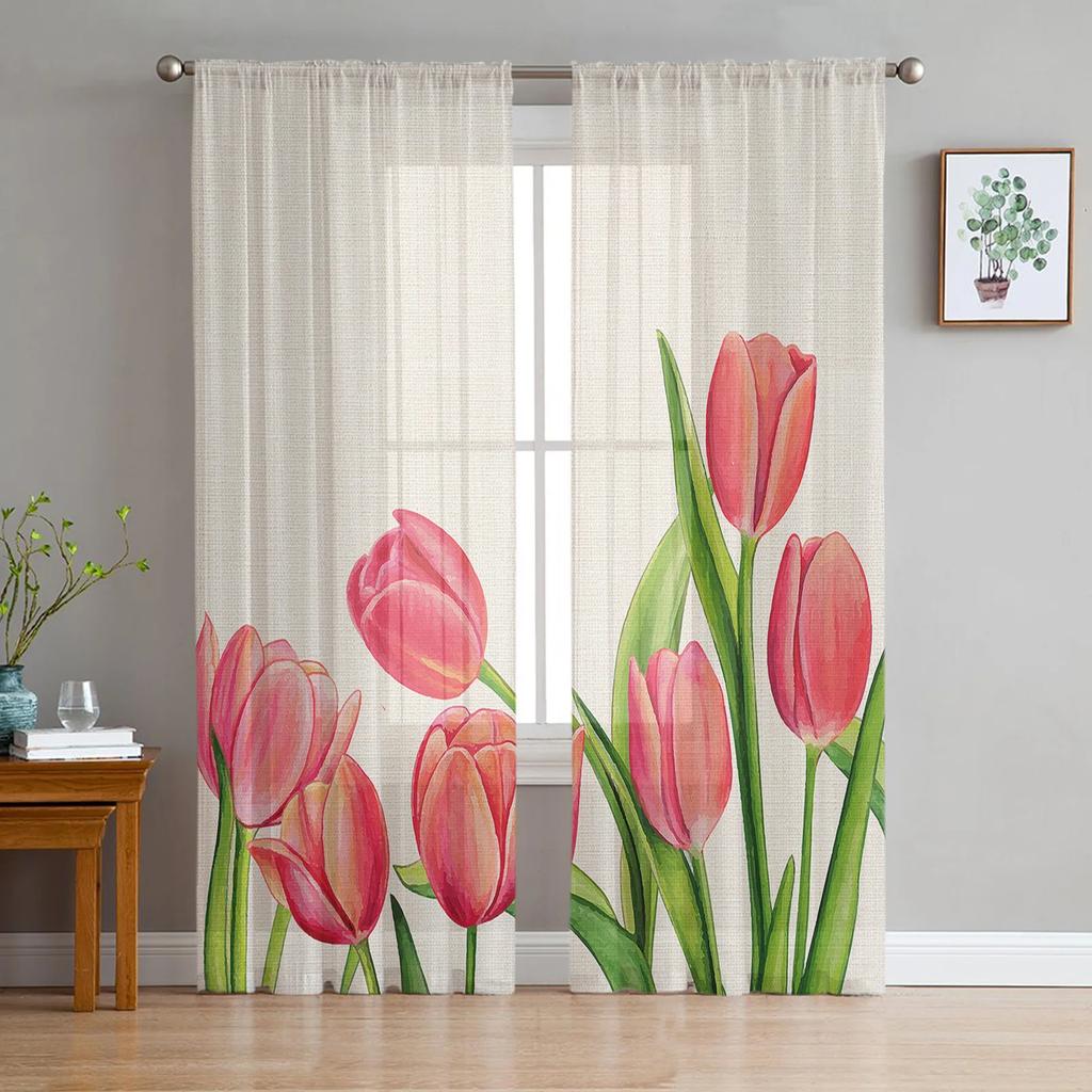 2 Panels Custom Flower Voile Curtain Tulip Pink Purple Flower Print Curtain for Bedroom Living Room Window Curtain Sheer Drape