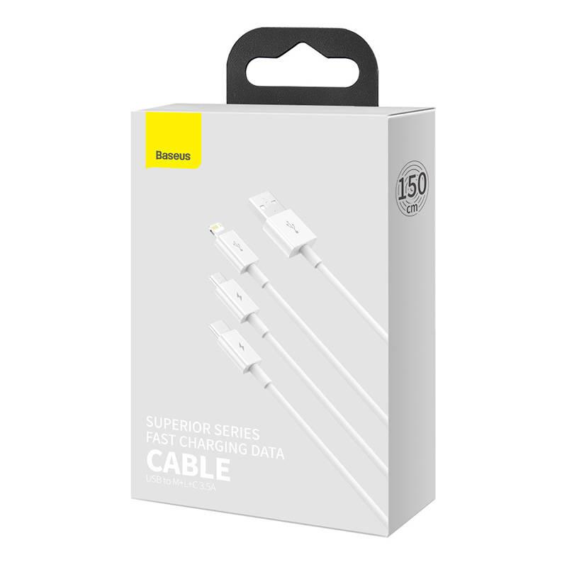Kabel Szybkiego Ładowania  Baseus Superior Data Usb Do M+L+C 3.5A 0.5M(White)