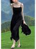 Women's Black Padded Bust Sling Dress, Slimming A-line Summer Resort Skirt