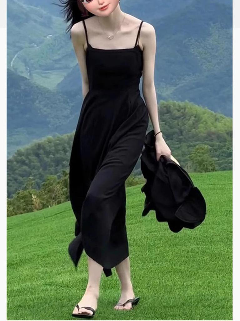 Women's Black Padded Bust Sling Dress, Slimming A-line Summer Resort Skirt