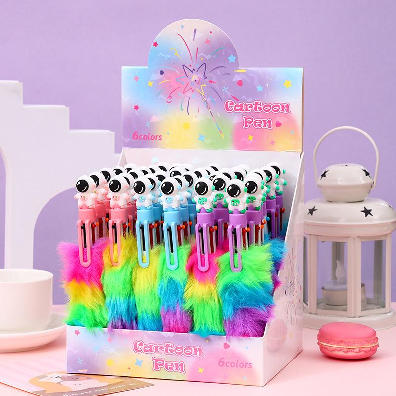 36pcs 0.7mm Cartoon Astronaut Fur Six-color Ballpoint Pen Multi-color Hand-door Pen Gift Pen Prize Pen Creative Stationery Back To School Season