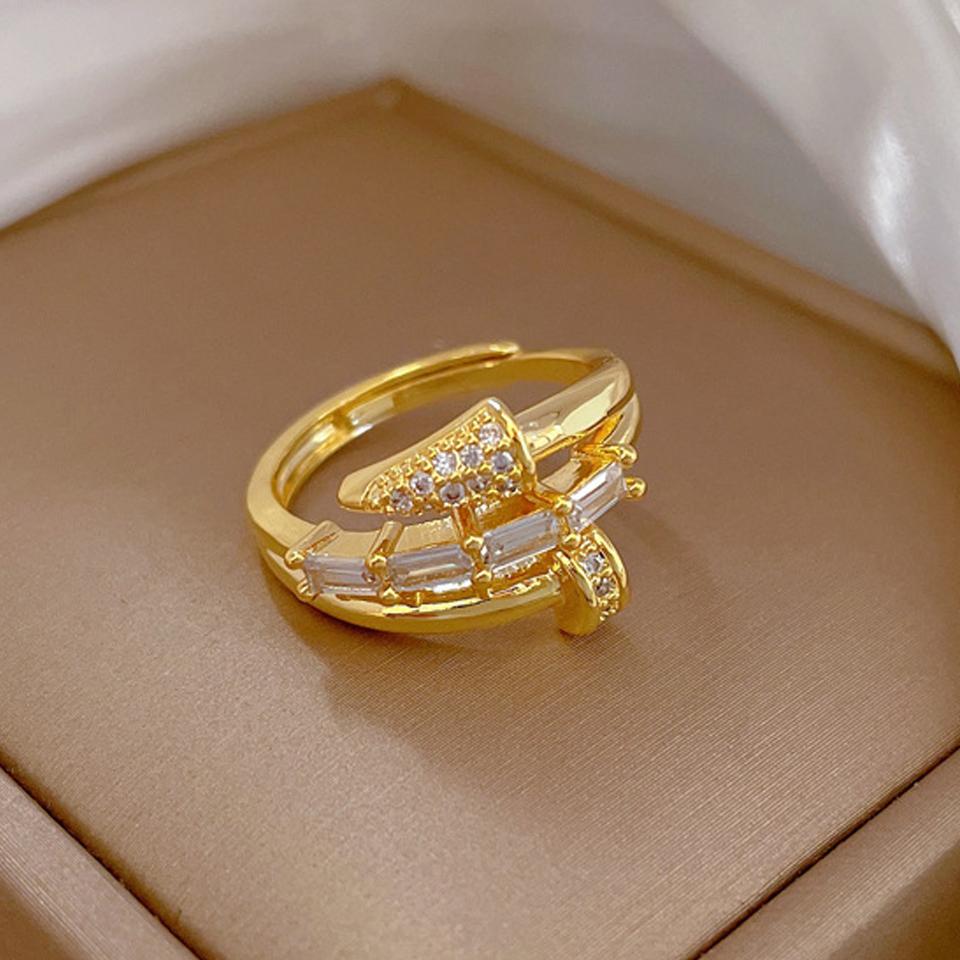 ZAKOL Korean Fashion Three-layer Shiny Zircon Nail Open Ring for Women Engagement Wedding Party Zircon Gift