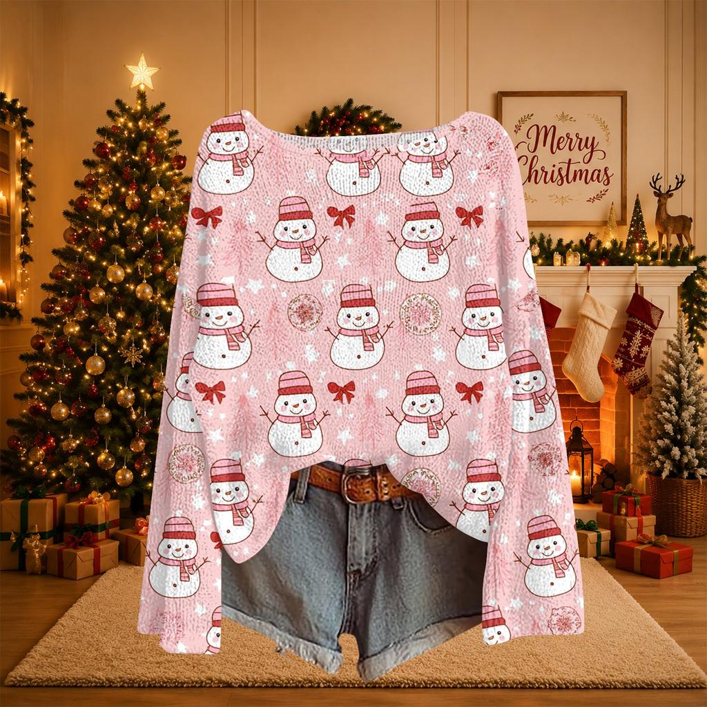 Women's Christmas Print Lightweight Knit Sweater Long Sleeve Casual Pullover Top