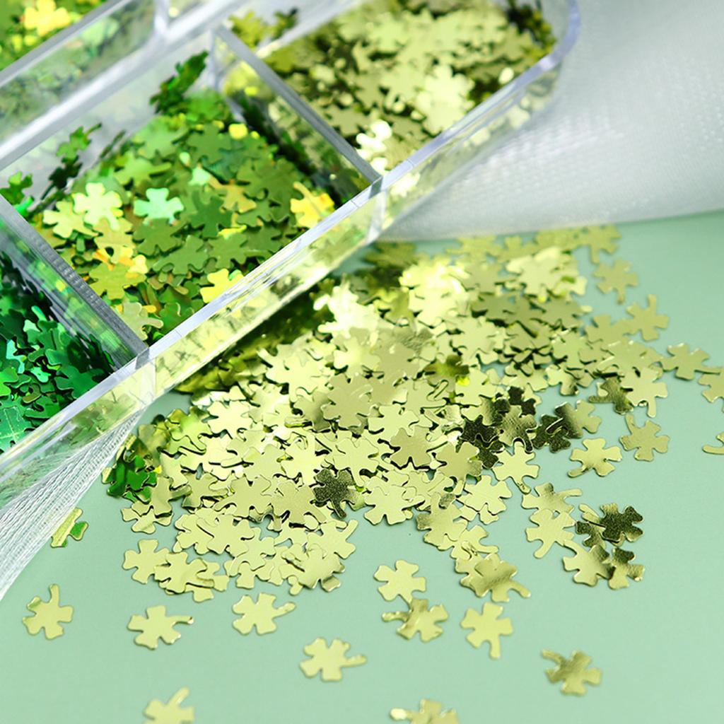 6-Grid Box Pack Green Glitter Nail Art Sequins for St Patrick's Day with Clover Design