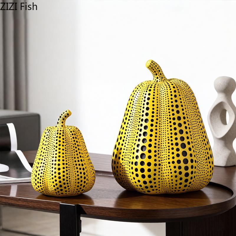 Polka Dot Art Pumpkin Sculpture Yellow Pumpkin Handicraft Desk Decoration Resin Artwork Ornaments Modern Home Decor Accessories