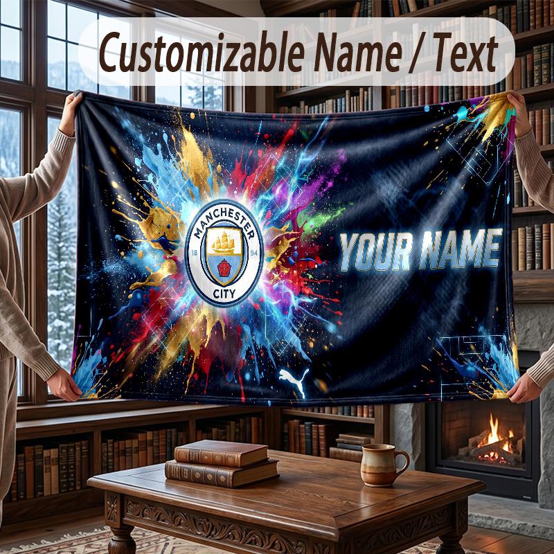 Custom Name Flannel Throw Blanket Manchester City Pattern Warm Home Decoration