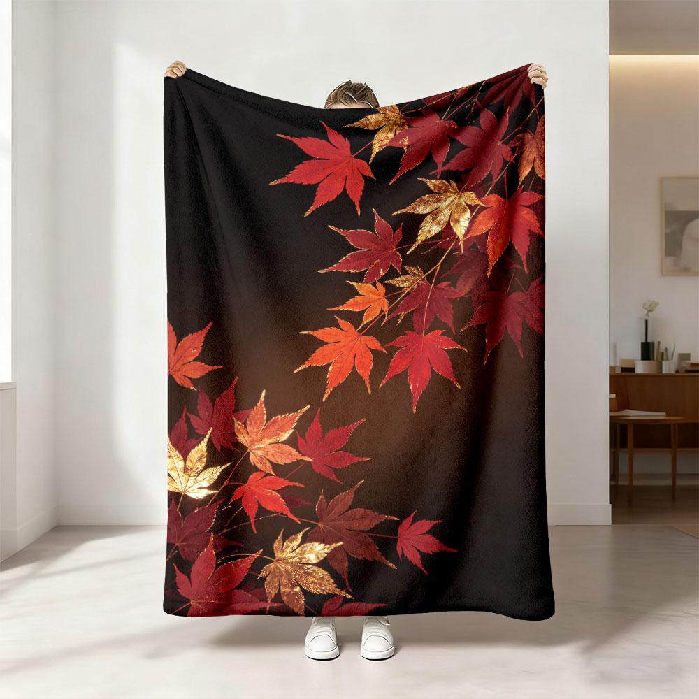 Red Gold Contrast Maple Leaf Flannel Blanket Multi Sizes Soft Casual Sofa Cover Light Nap Blanket For Office Break Daily Ind