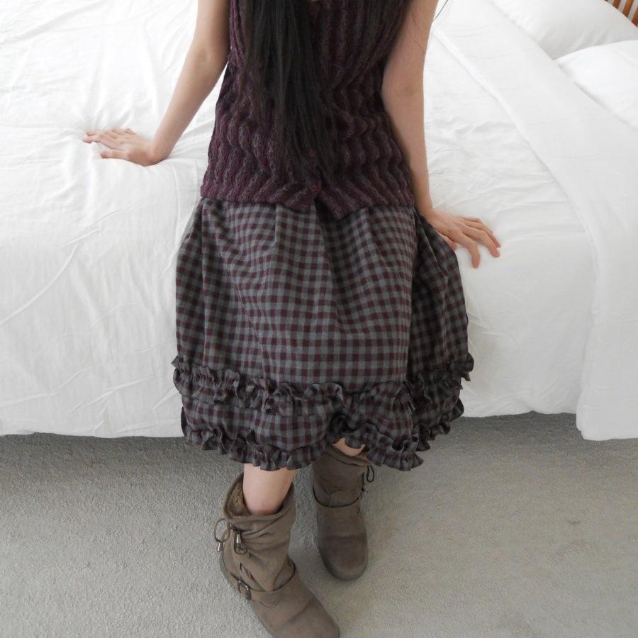 Korean Retro Plaid Ruffle Midi Skirt with Elastic Waist - Women's New Arrival